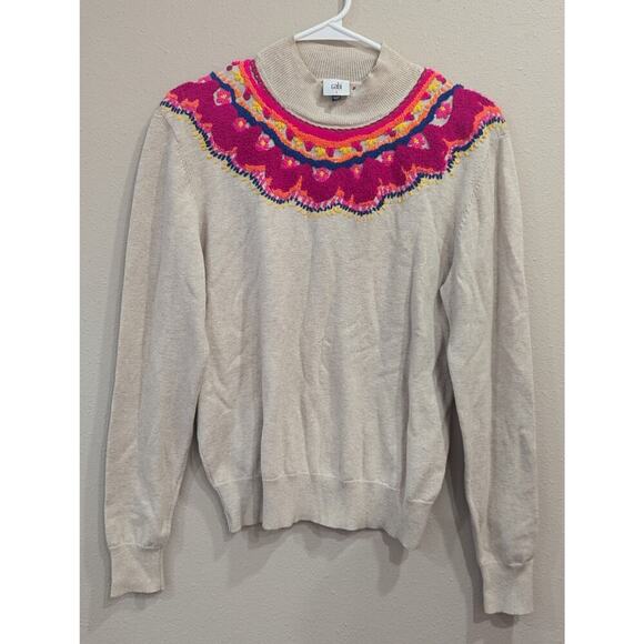 Gorgeous cream fair isle style knit sweater w/neon color collar by Cabi size S - Picture 1 of 7